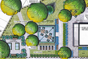 Drawing design of a park with labels pointing out each section.